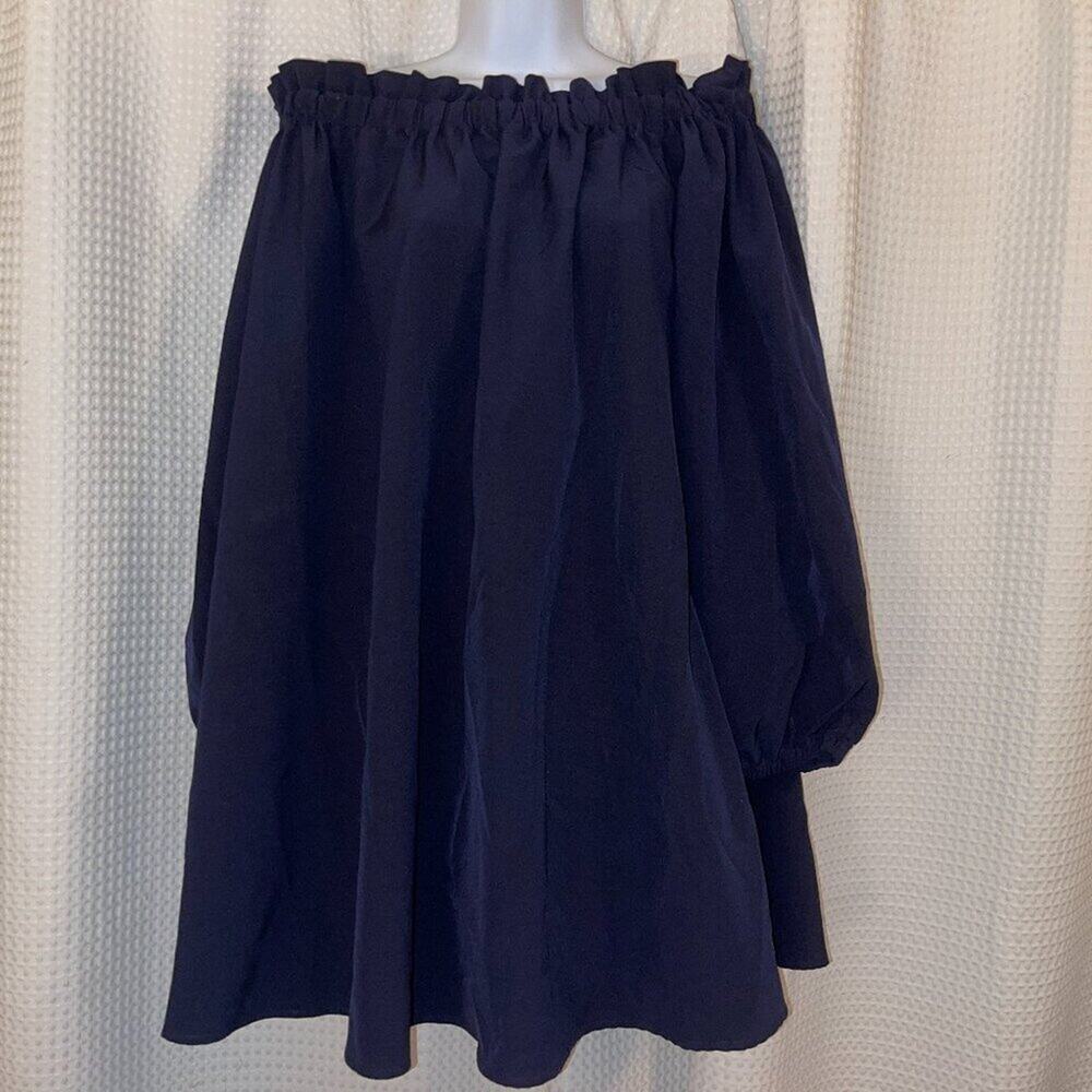 IXIAH Celluloid Dress US 6 Navy Off Shoulder Ruffle Bell Sleeve Mini